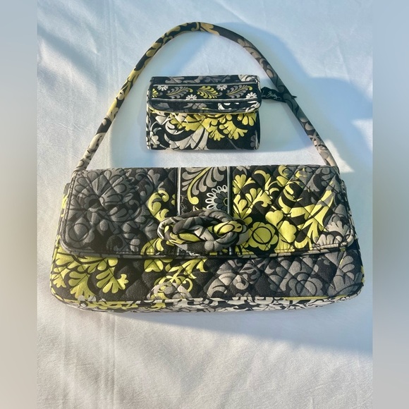 Vera Bradley Shoulder Bag Purse Baroque Pattern Black Grey White Lime & wallet - Picture 2 of 6